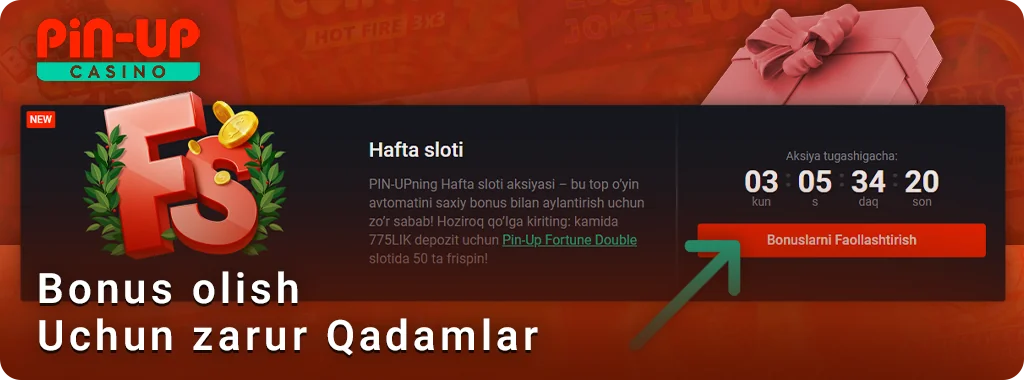 O'zbekistonlik PIN Up o'yinchilari uchun bonusni faollashtirish bo'yicha ko'rsatmalar