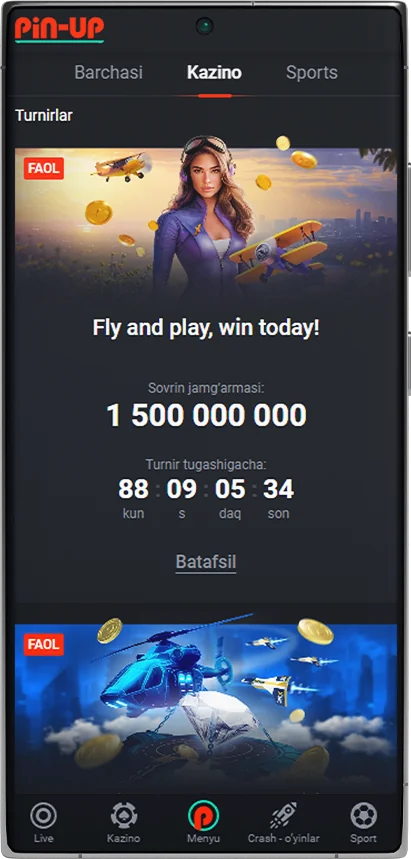 Pin Up ilovasi o'yinchilari uchun turnir ekrani
