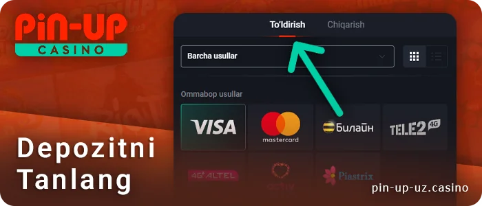 PIN Up to'lovlar bo'limida depozitni tanlang