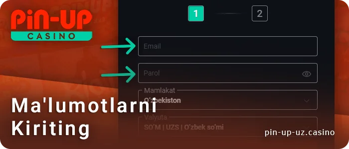 PIN Up hisobini ro'yxatdan o'tkazishda pochta manzili va parolni kiriting